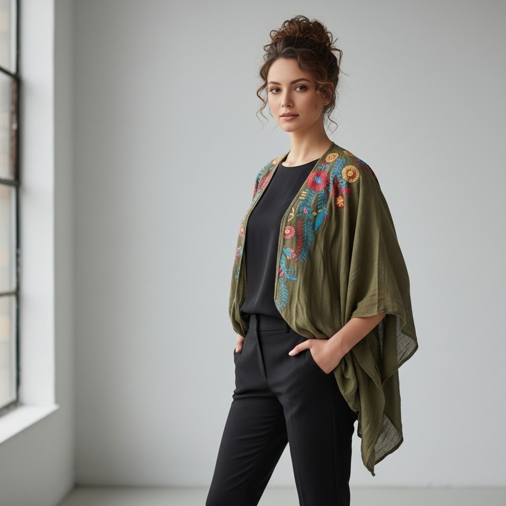 Umgee Olive Green Floral Embroidered Kimono Wrap Top S/M Boho Dolman Sleeve